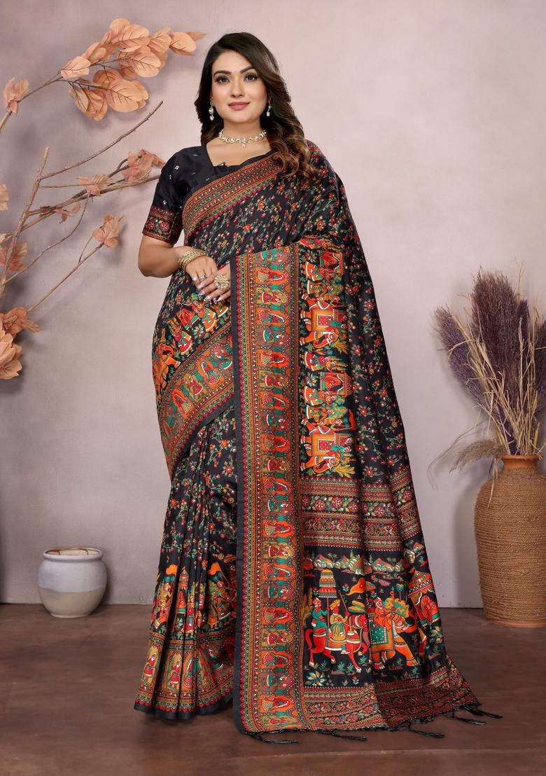 Black Floral Print Silk Blend Saree Set - Indya