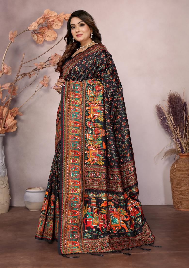 Black Floral Print Silk Blend Saree Set - Indya
