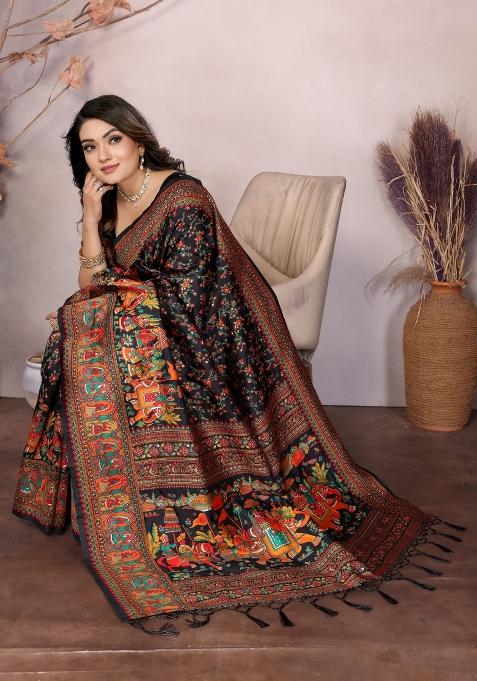 Black Floral Print Silk Blend Saree Set