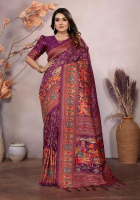 Wine Floral Print Silk Blend Saree Set