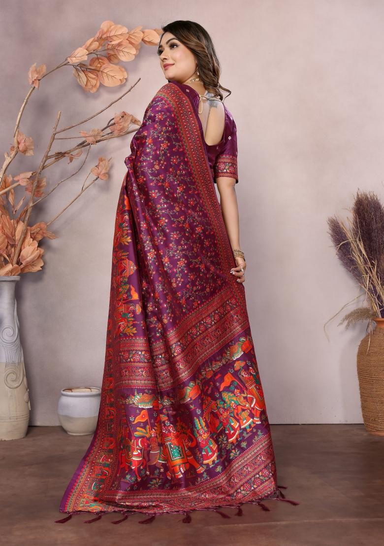 Wine Floral Print Silk Blend Saree Set - Indya