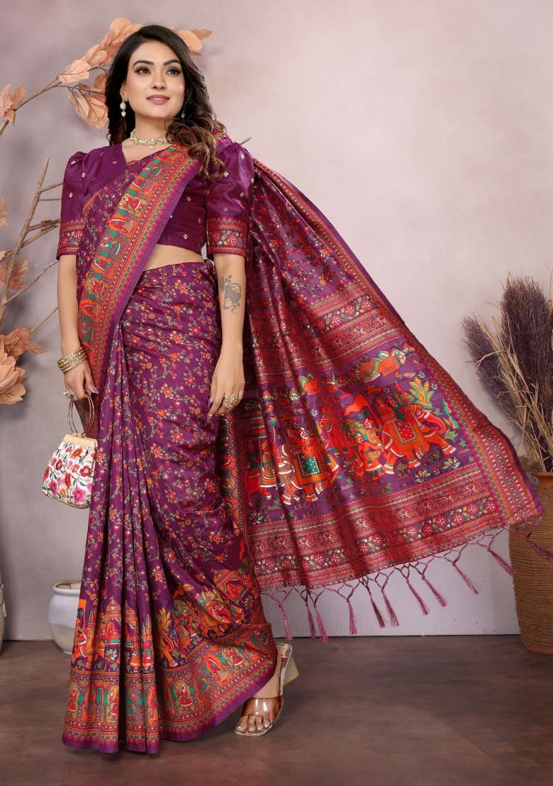 Wine Silk Blend Saree Set with Floral Print for Diwali | Wedding & Festive Wear - Indya