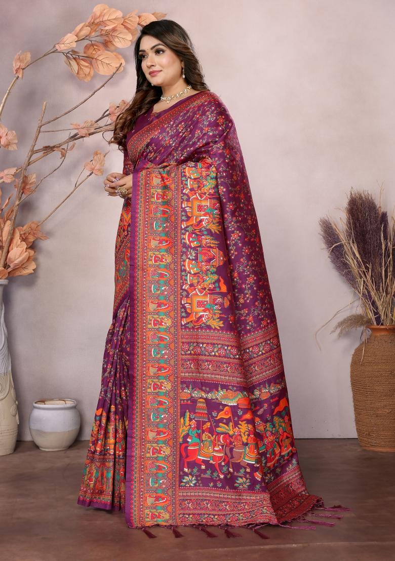 Wine Floral Print Silk Blend Saree Set - Indya