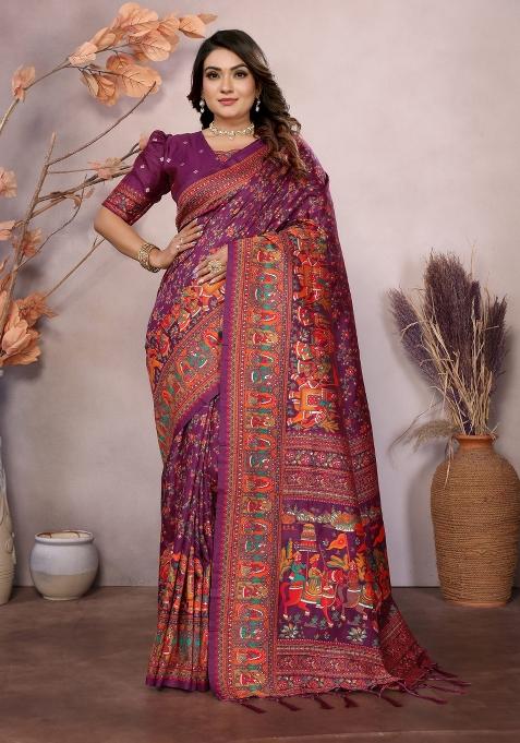 Wine Floral Print Silk Blend Saree Set