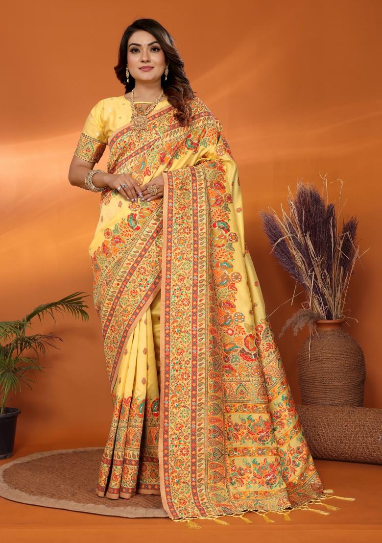 Yellow Floral Print Silk Blend Saree Set - Indya