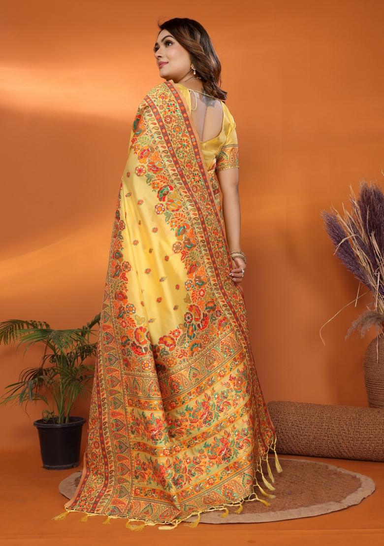 Yellow Floral Print Silk Blend Saree Set - Indya