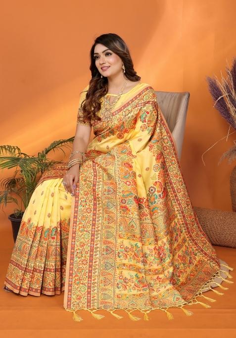 Yellow Floral Print Silk Blend Saree Set