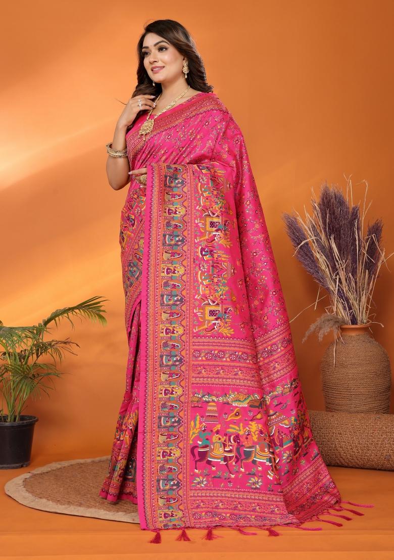 Pink Floral Print Silk Blend Saree Set - Indya