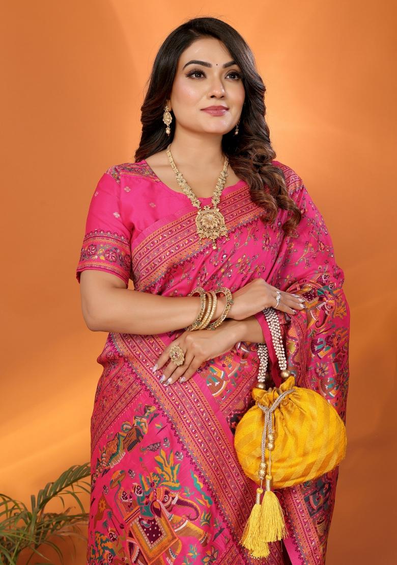 Pink Floral Print Silk Blend Saree Set - Indya