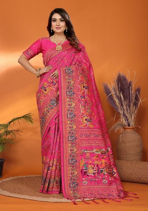 Pink Floral Print Silk Blend Saree Set