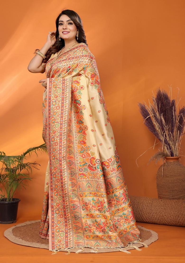 Beige Floral Print Silk Blend Saree Set - Indya