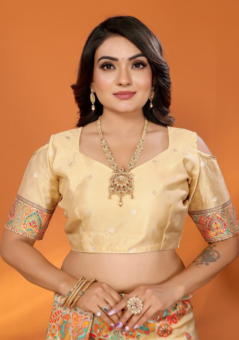 Beige Floral Print Silk Blend Saree Set - Indya