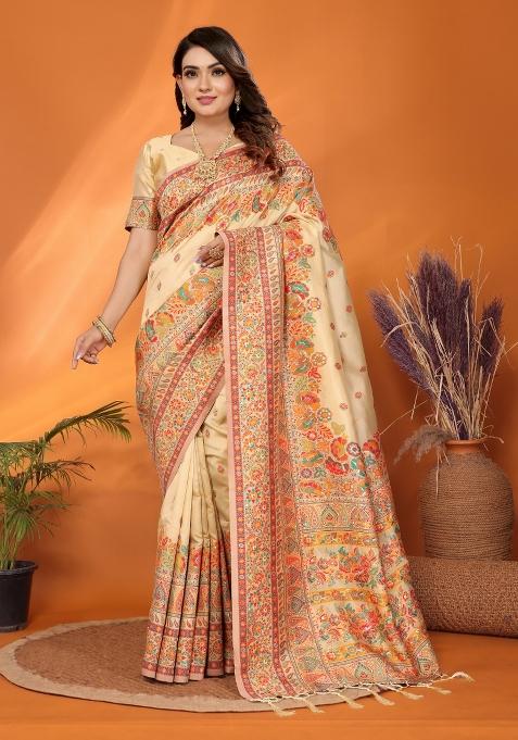Beige Floral Print Silk Blend Saree Set