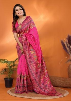Pink Floral Print Silk Blend Saree Set