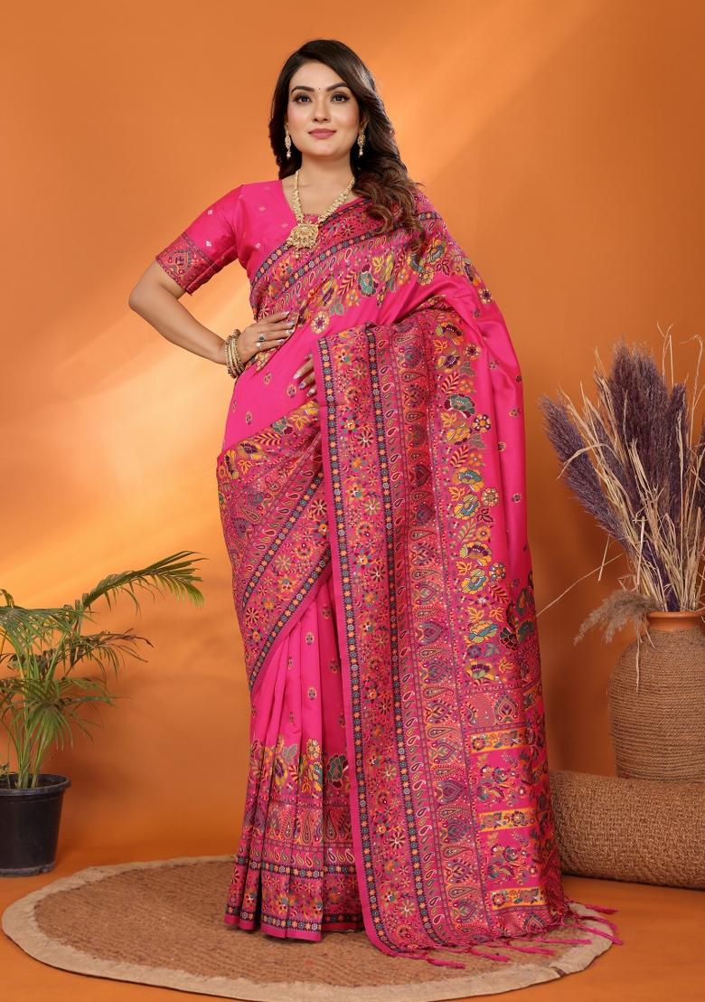 Pink Floral Print Silk Blend Saree Set - Indya