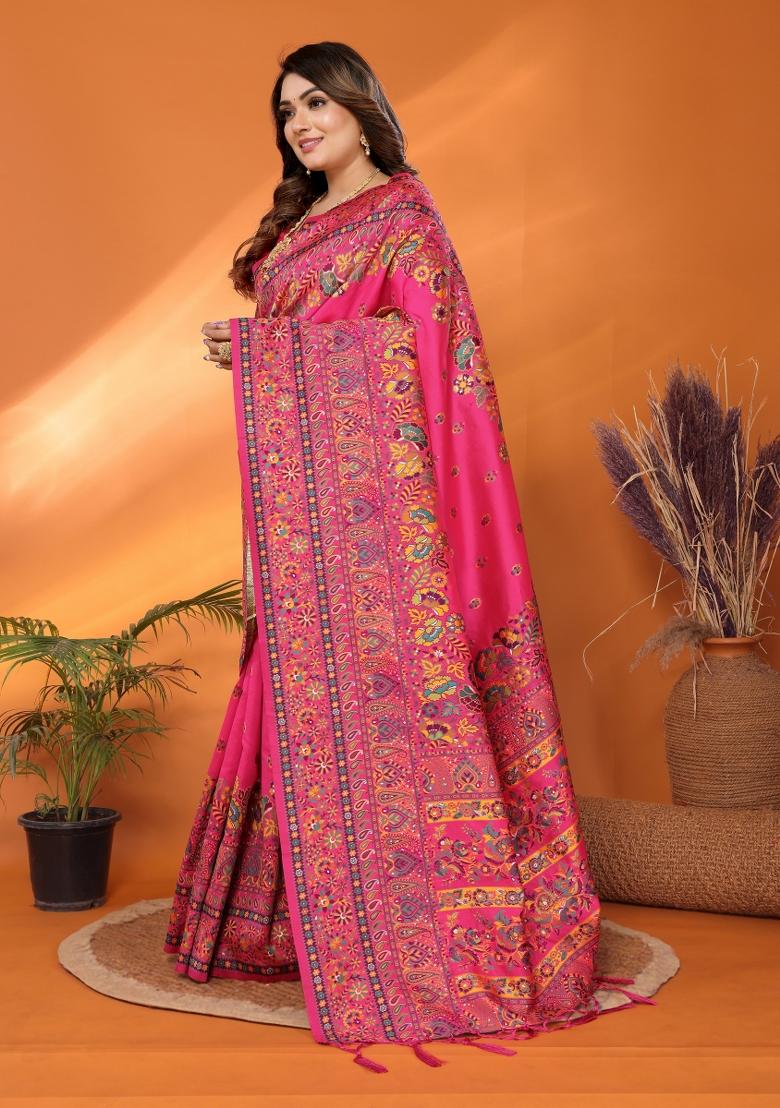 Pink Floral Print Silk Blend Saree Set - Indya