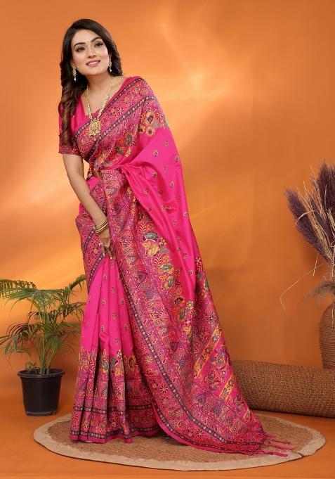 Pink Floral Print Silk Blend Saree Set