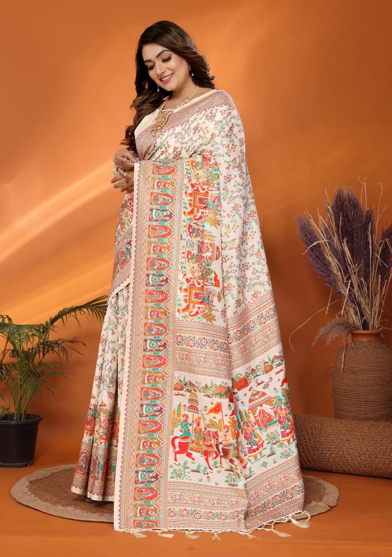 Beige Floral Print Silk Blend Saree Set - Indya