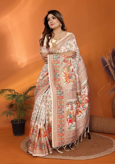 Beige Floral Print Silk Blend Saree Set