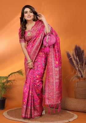 Pink Floral Print Silk Blend Saree Set