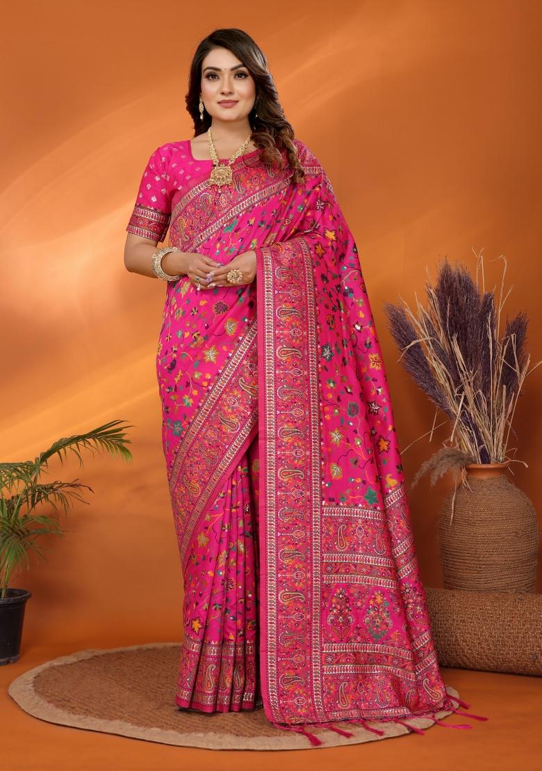 Pink Floral Print Silk Blend Saree Set - Indya