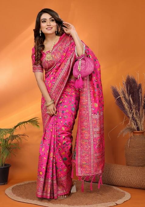 Pink Floral Print Silk Saree Set