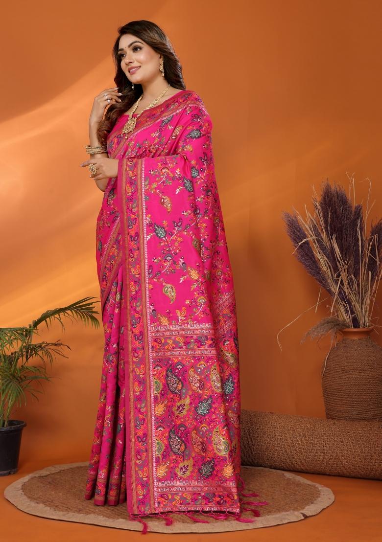 Pink Floral Print Silk Blend Saree Set - Indya