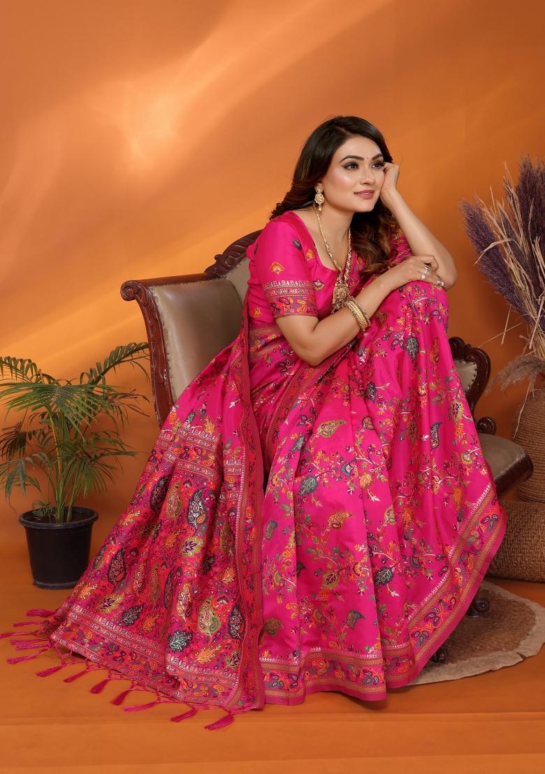 Pink Floral Print Silk Blend Saree Set - Indya