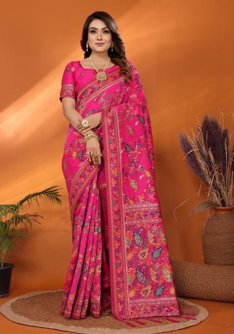 Pink Floral Print Silk Blend Saree Set
