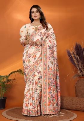 Beige Floral Print Silk Blend Saree Set