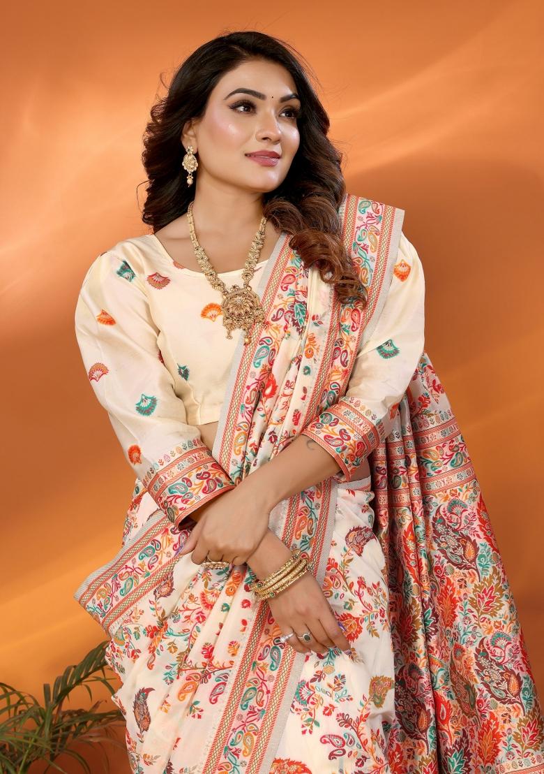 Beige Floral Print Silk Blend Saree Set - Indya