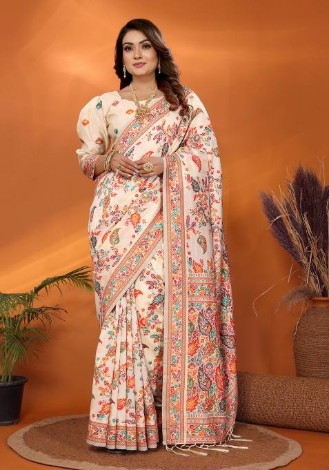 Beige Floral Print Silk Blend Saree Set