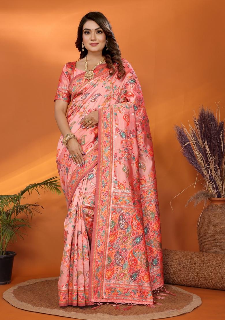 Peach Floral Print Silk Blend Saree Set - Indya