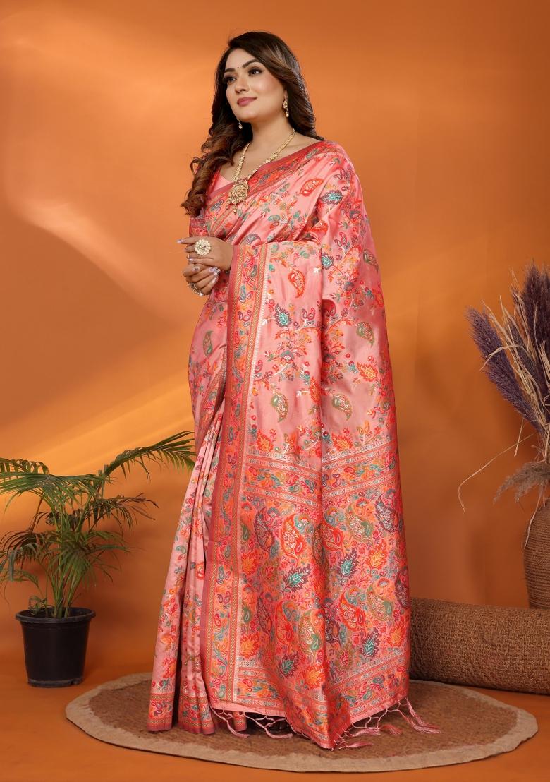 Peach Floral Print Silk Blend Saree Set - Indya
