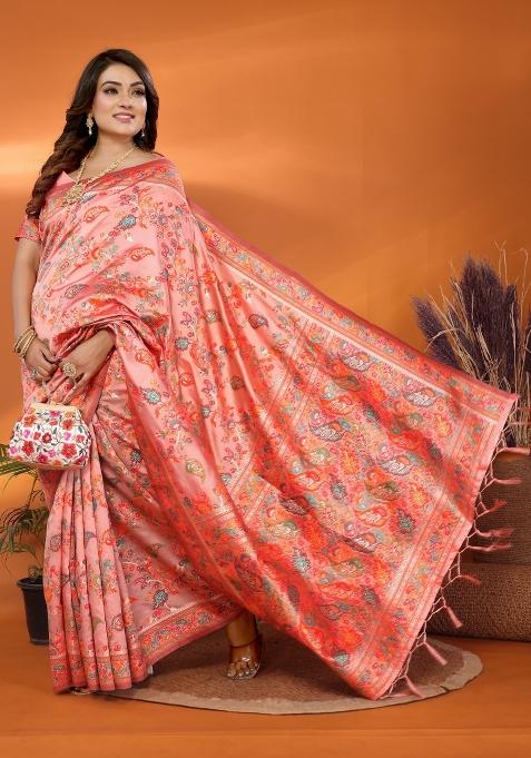 Peach Floral Print Silk Blend Saree Set