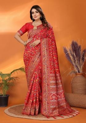 Red Floral Print Silk Blend Saree Set