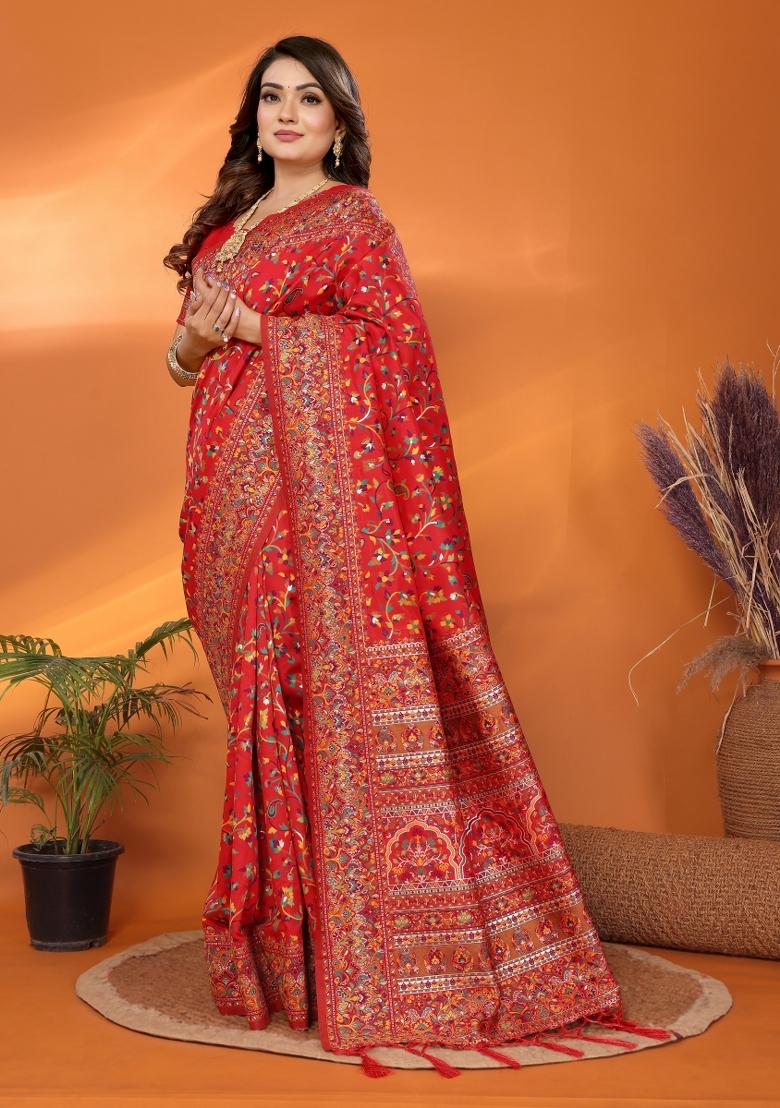 Red Floral Print Silk Blend Saree Set - Indya