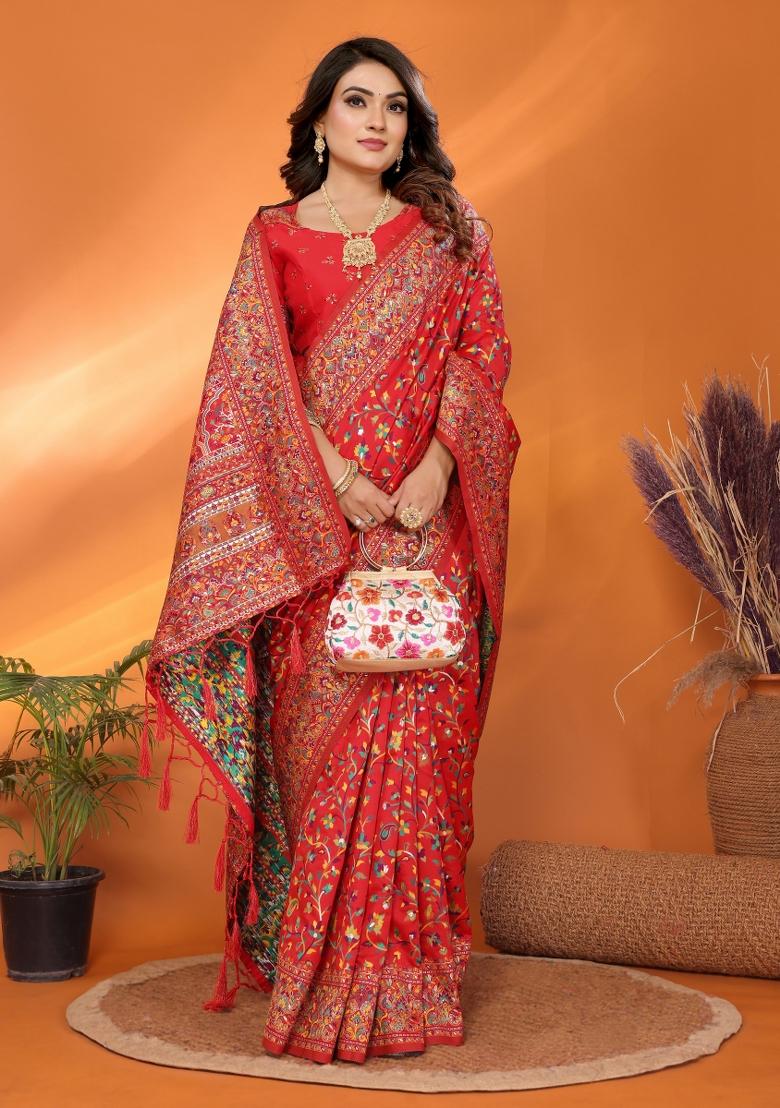 Red Floral Print Silk Blend Saree Set - Indya