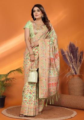 Green Floral Print Silk Blend Saree Set