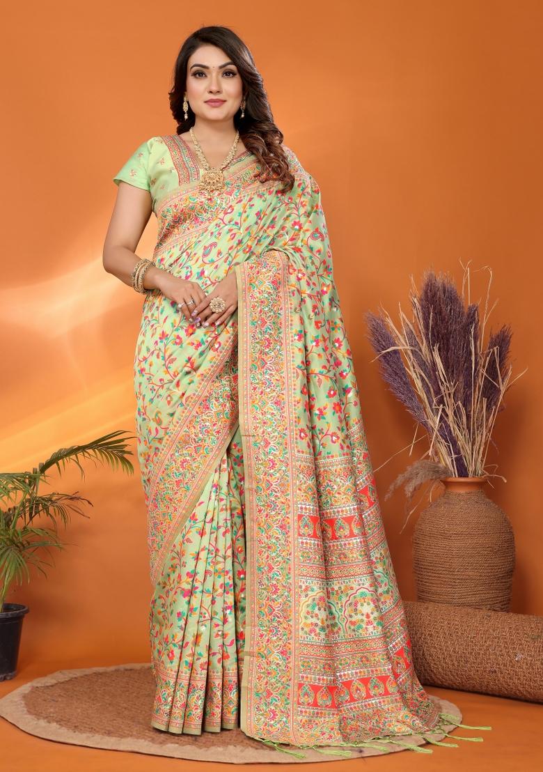 Green Floral Print Silk Blend Saree Set - Indya