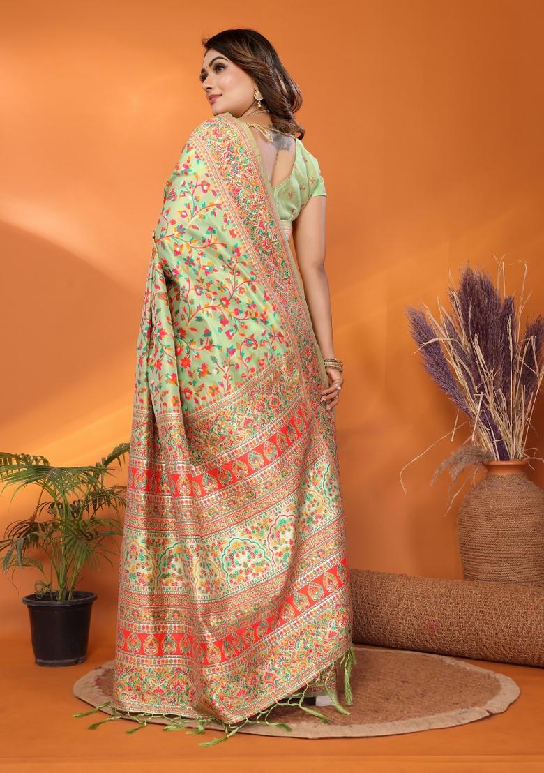 Green Floral Print Silk Blend Saree Set - Indya
