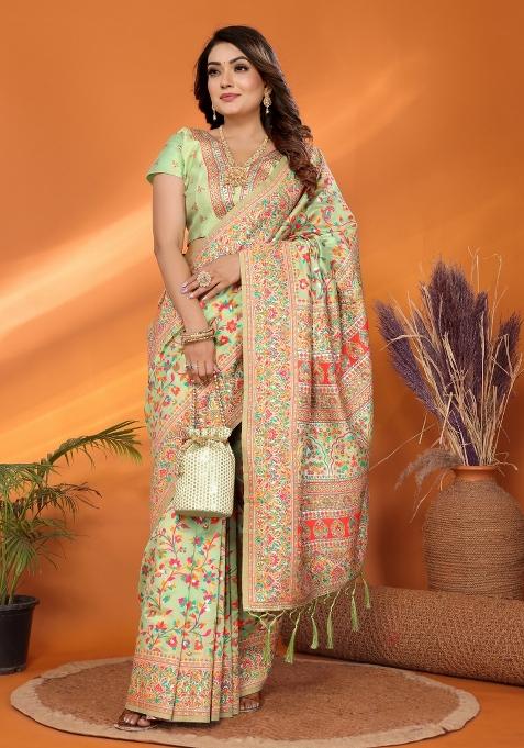 Green Floral Print Silk Blend Saree Set