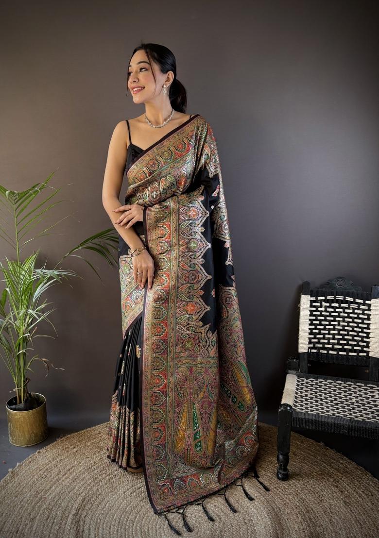 Black Floral Print Silk Blend Saree Set - Indya