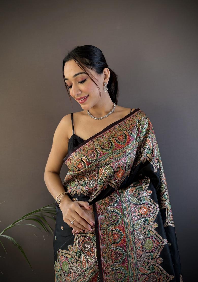 Black Floral Print Silk Blend Saree Set - Indya