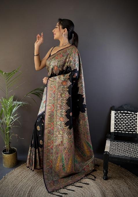 Black Floral Print Silk Blend Saree Set