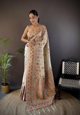 White Floral Print Silk Blend Saree Set