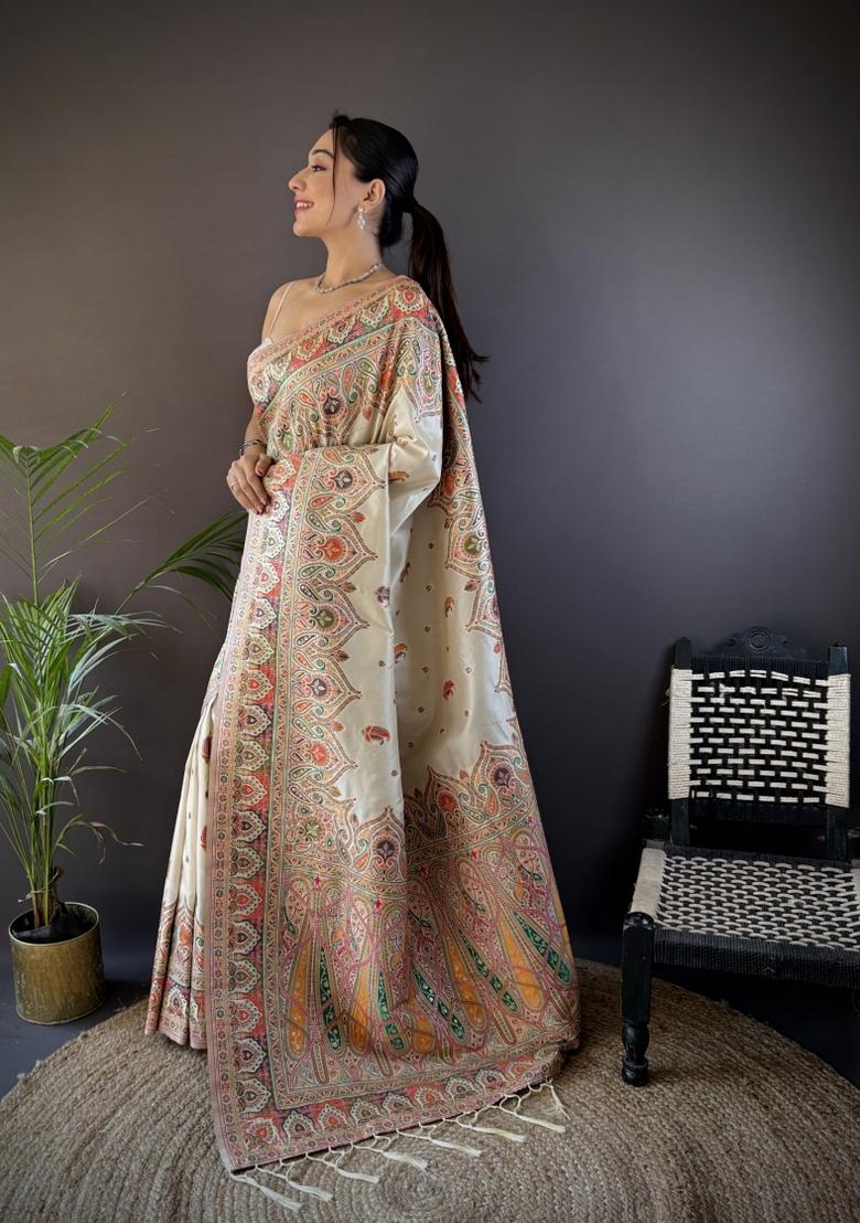 White Floral Print Silk Blend Saree Set - Indya