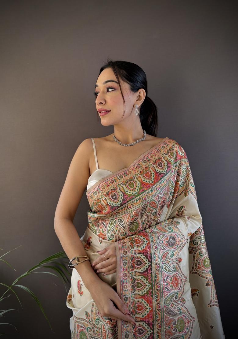 White Floral Print Silk Blend Saree Set - Indya