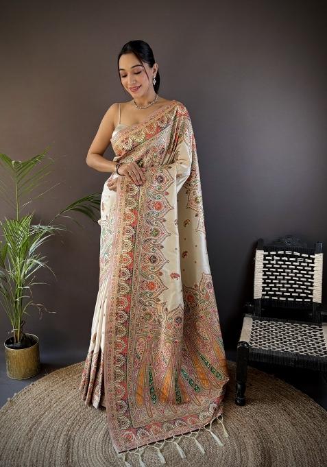 White Floral Print Silk Saree Set