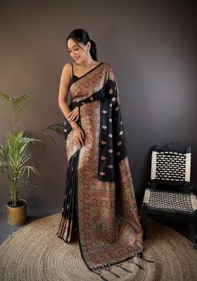 Black Floral Print Silk Blend Saree Set